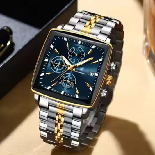 Poedagar POEDAGAR 866 luxury square chronograph men's watch with black dial and silver stainless steel strap.