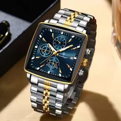 Poedagar POEDAGAR 866 luxury square chronograph men's watch with black dial and silver stainless steel strap.