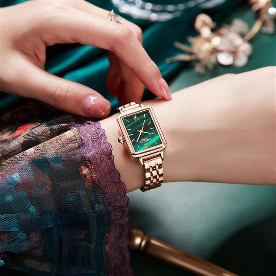 Poedagar 622 waterproof green rectangle dial luxury quartz watch with metal band and elegant design.