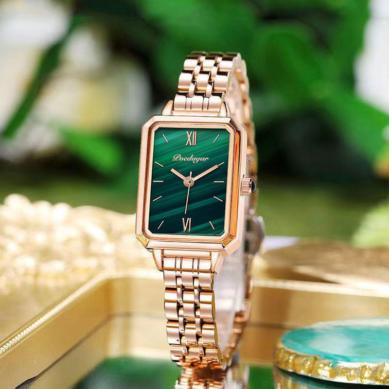 Poedagar 622 waterproof green rectangle dial luxury quartz watch with silver-toned case and matching strap.