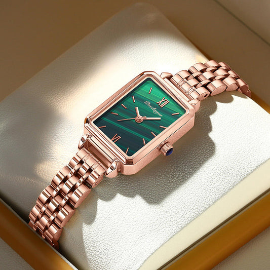 Poedagar 622 waterproof green rectangle dial luxury quartz watch with sleek design and stainless steel strap.