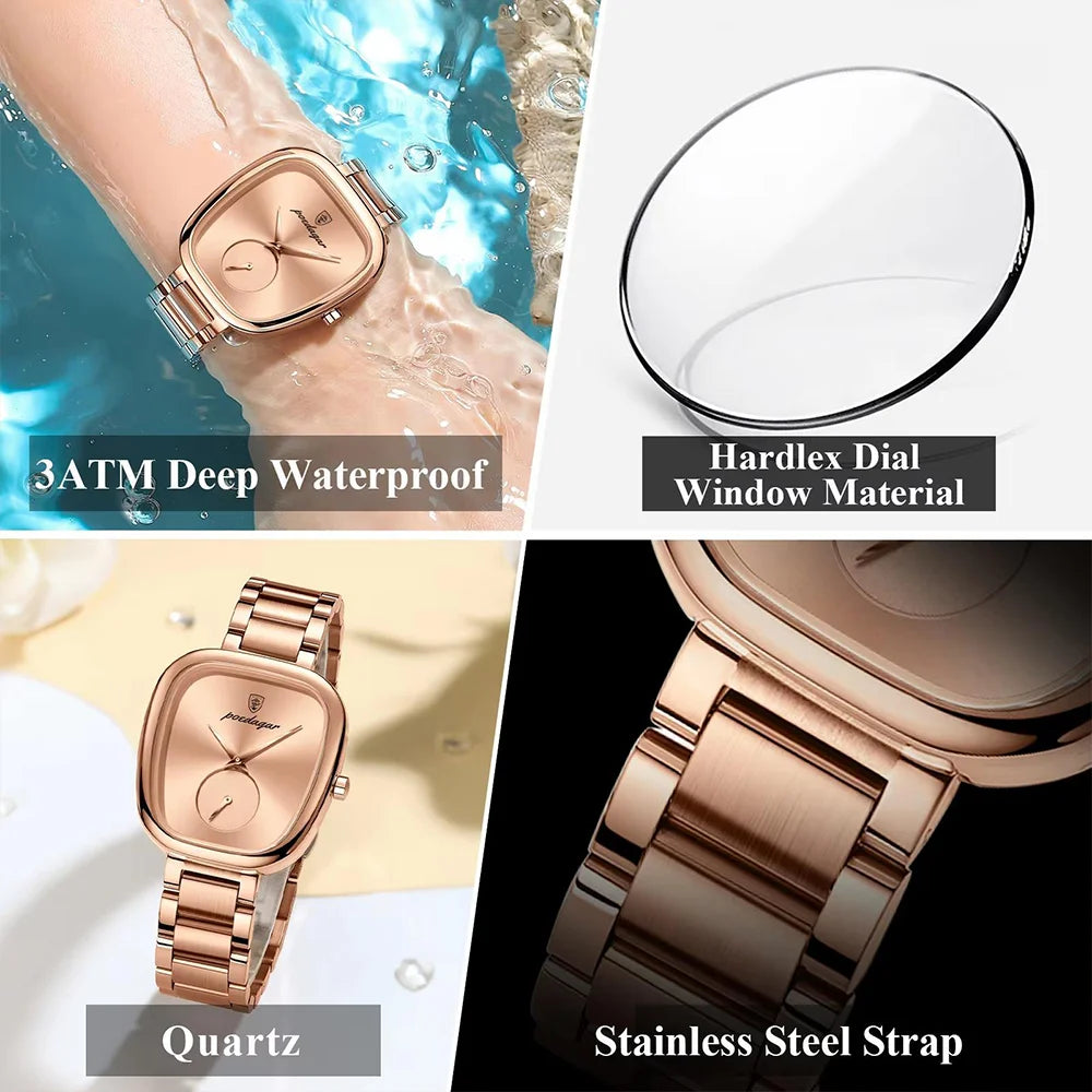 Poedgar 783 luxury women's quartz watch with white dial, stainless steel strap, and waterproof design.