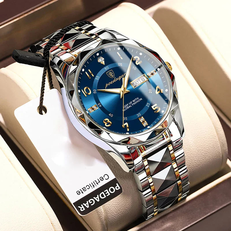 Poedagar 858 luxury waterproof men's watch with black dial and stainless steel band, showcasing elegant design and durable craftsmanship.