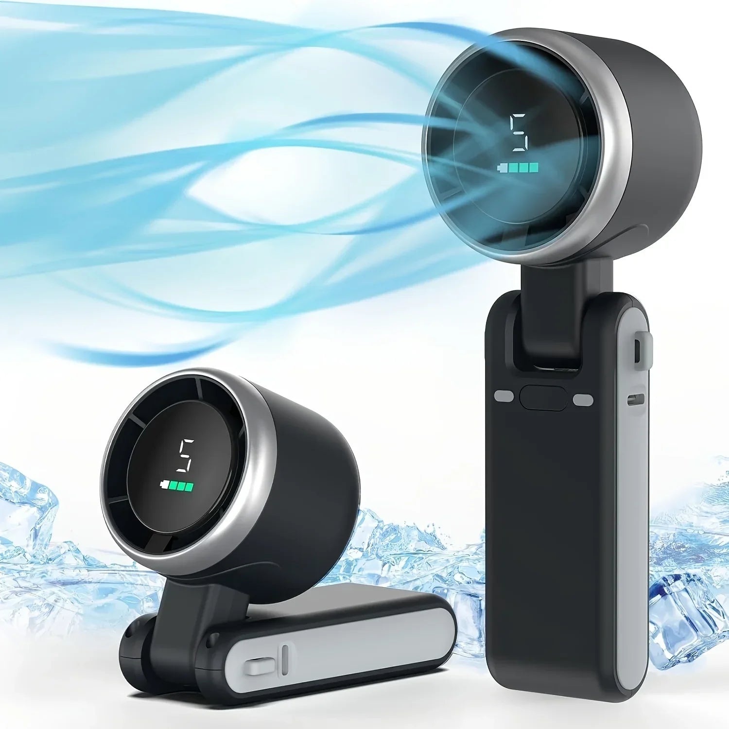 Foldable rechargeable USB-C portable turbo fan by Tarjah Mart with digital display, ideal for cooling on the go.