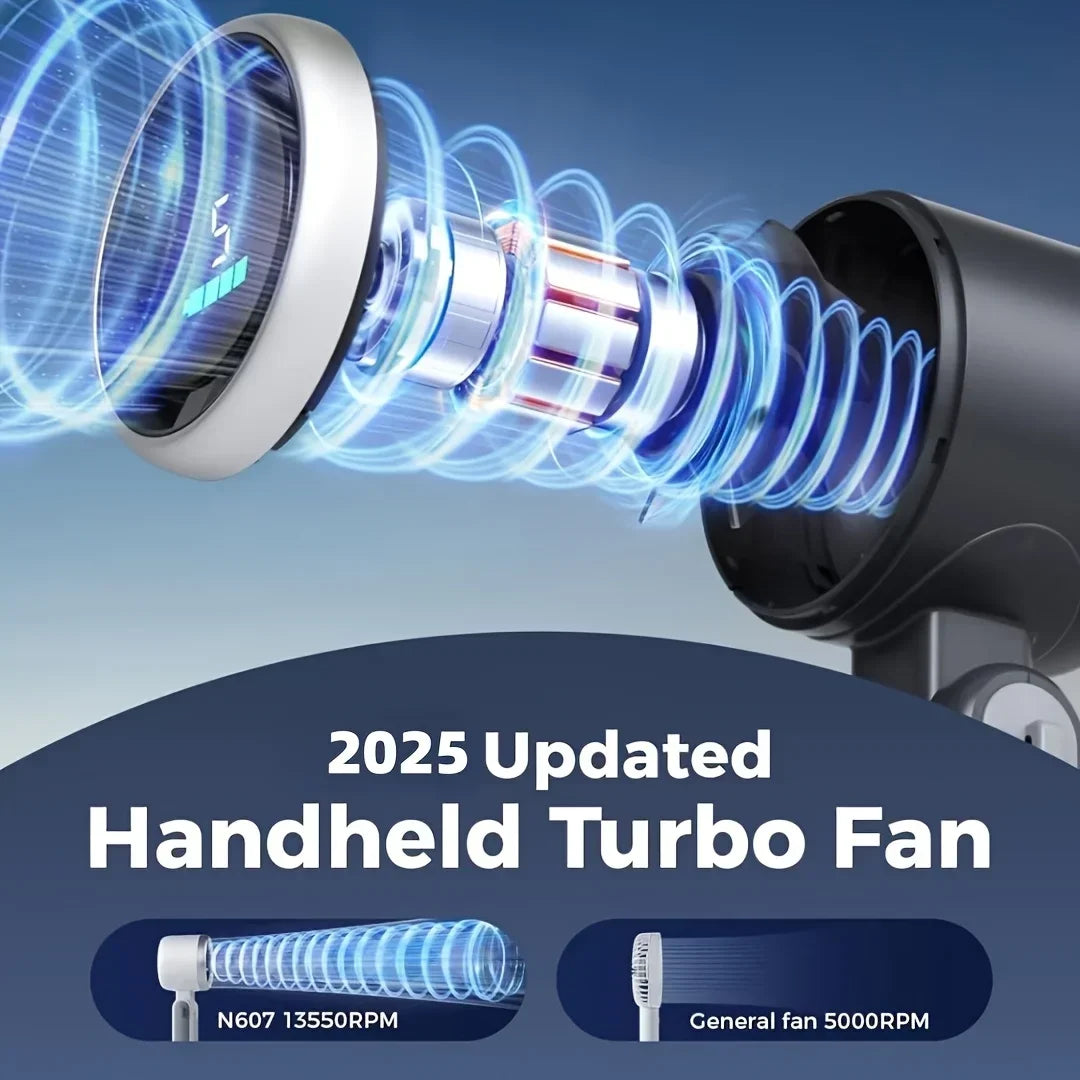 Portable Tarjah Mart rechargeable turbo fan with digital display, foldable design and USB-C charging for cooling on the go.