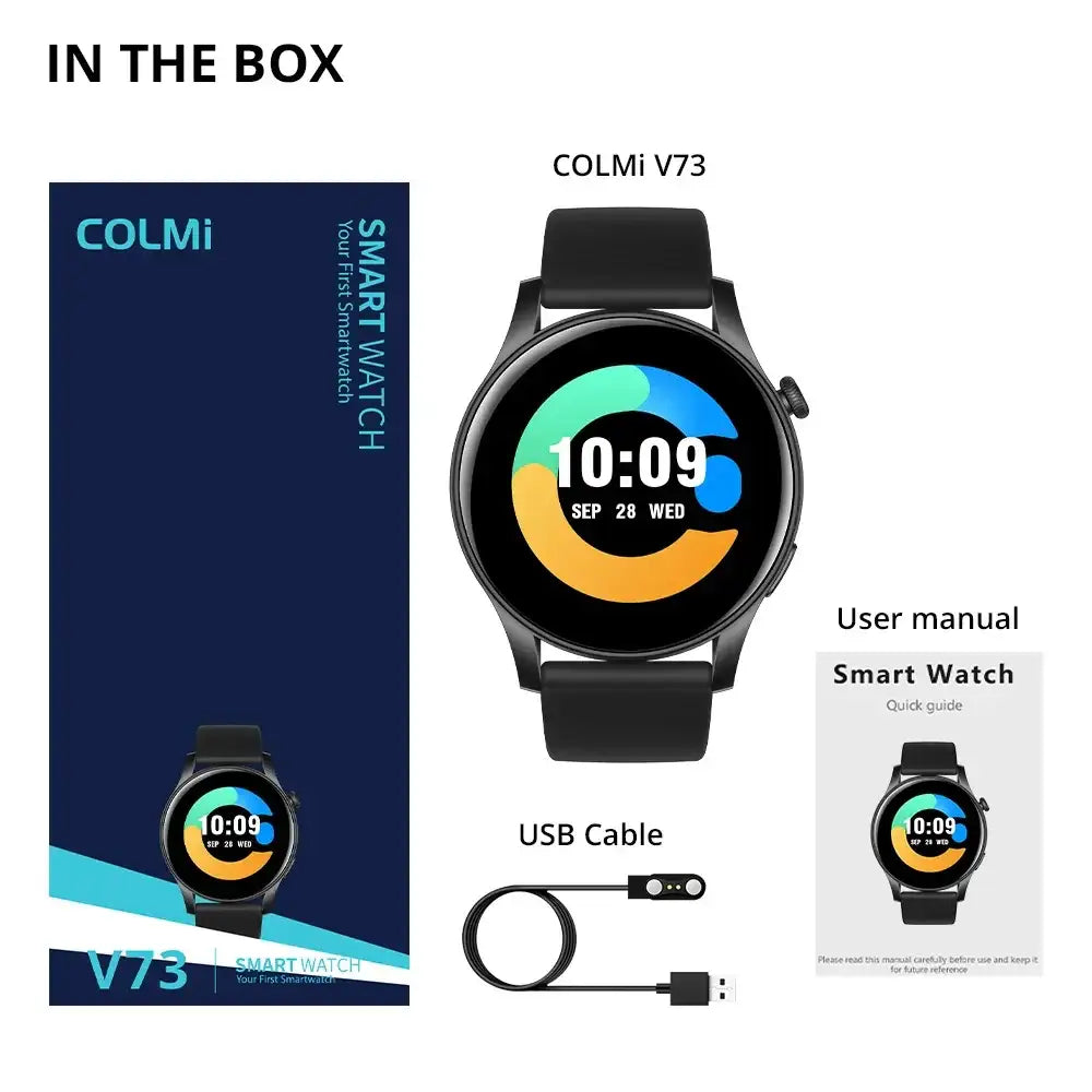 Colmi V73 smart watch with black strap, digital display, and fitness tracking features on a white background.