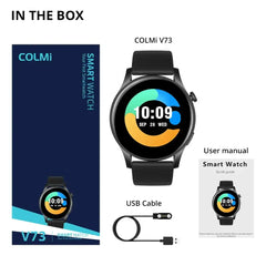 Colmi V73 smart watch with black strap, digital display, and fitness tracking features on a white background.