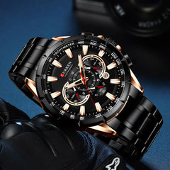 Curren 8363 men's chronograph steel watch showing black dial, silver case, and metal band with detailed chronograph features.