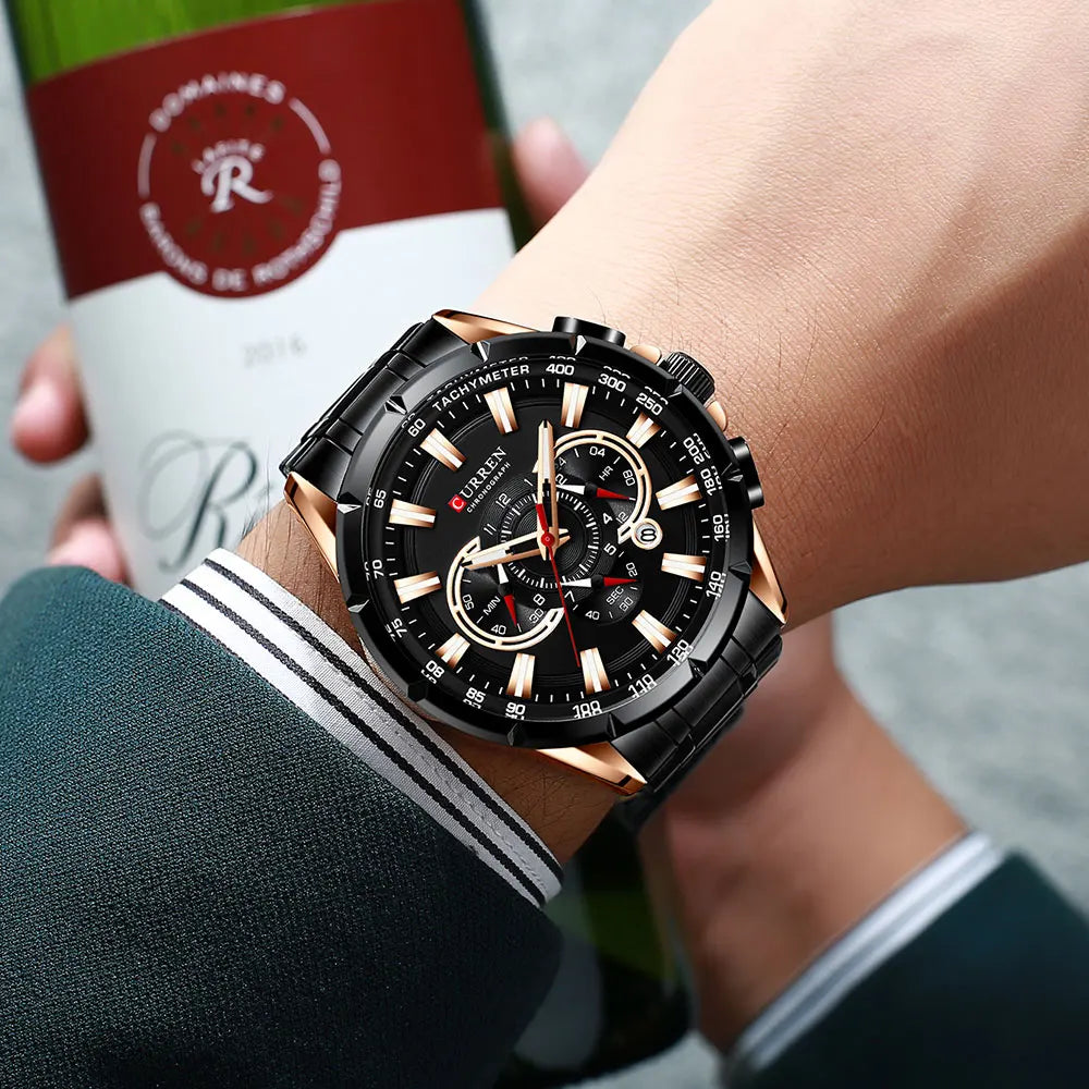 Curren 8363 men's chronograph steel watch with black dial, silver case, and metal strap, showcasing detailed timekeeping features.