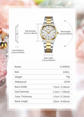 Elegant Curren 8439 luxury women’s watch with a sleek design, featuring a round dial and stylish strap.