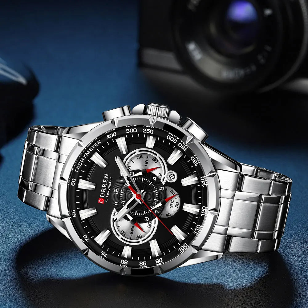 Curren 8363 men's chronograph steel watch with black dial and silver case, showcasing a stylish men's watch design.