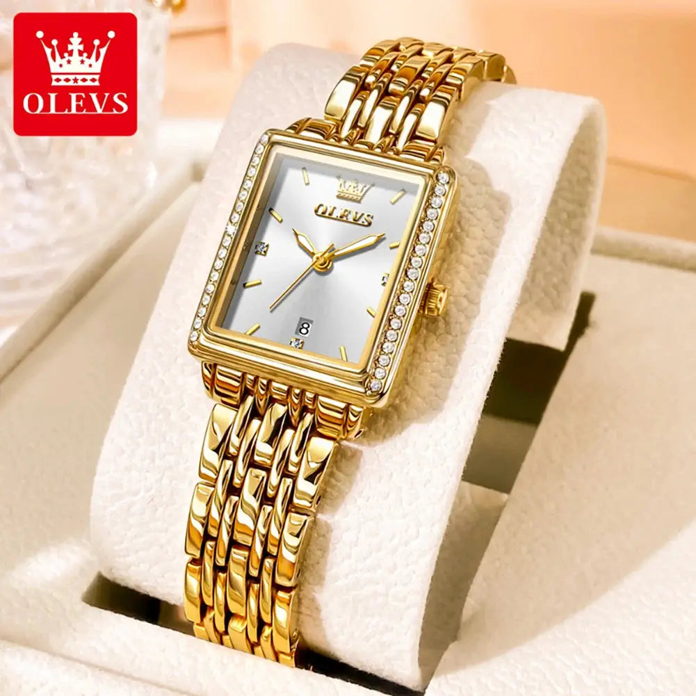 OLEVS 9995 elegant quartz ladies watch with a sleek design, showcasing a round dial and stylish strap.
