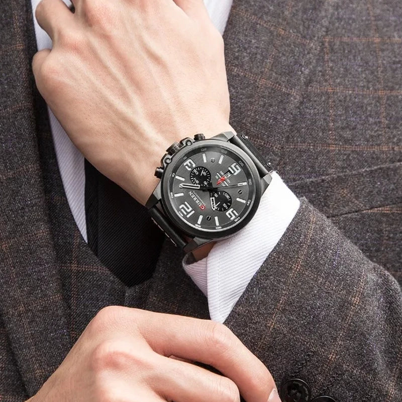 Curren 8314 men's leather strap watch with black dial and silver case, stylish men's wristwatch.