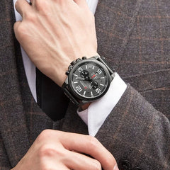 Curren 8314 men's leather strap watch with black dial and silver case, stylish men's wristwatch.