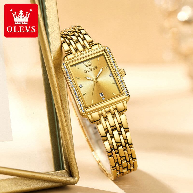 OLEVS 9995 elegant quartz ladies watch with a sleek design, featuring a round dial and stainless steel band.