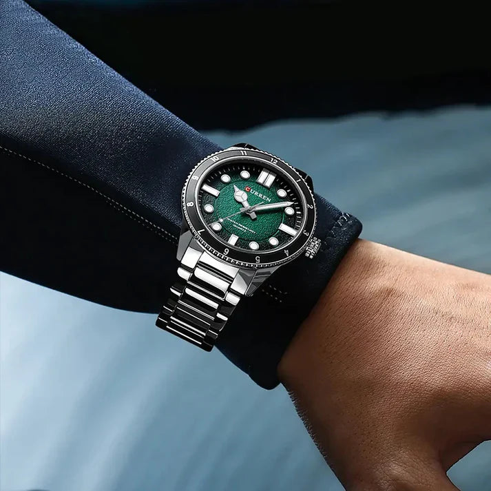 Men's Curren 8450 stainless steel watch with round dial and silver band, showcasing a sleek, modern design.
