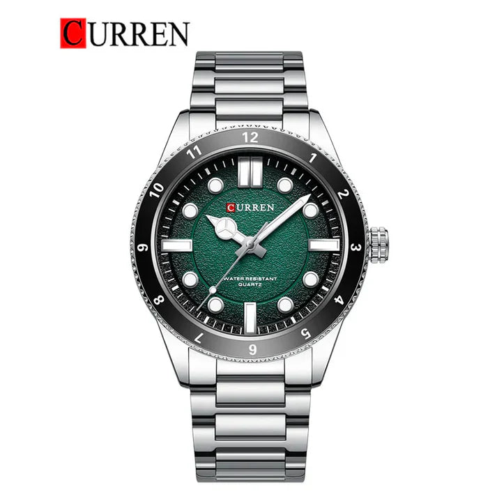 Close-up of Curren 8450 men's stainless steel watch showing the round dial, silver bracelet, and detailed watch face.