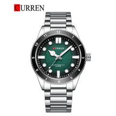 Close-up of Curren 8450 men's stainless steel watch showing the round dial, silver bracelet, and detailed watch face.
