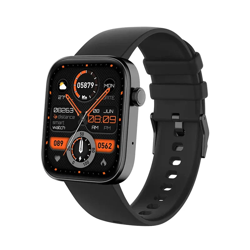Gray Colmi P71 smart watch with digital display and fitness tracking features on a black background