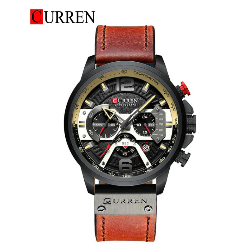 Close-up of Curren 8329 men's leather strap watch showing its black dial and silver case with textured leather band.