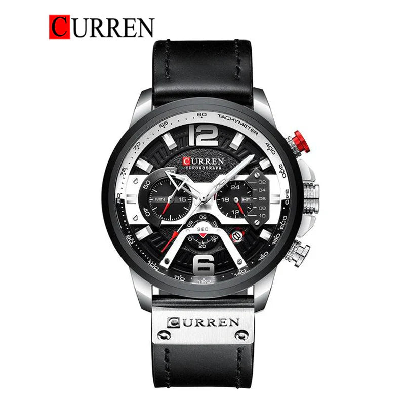 Curren 8329 men's leather strap watch with round dial and black leather band, showcasing a stylish and classic men's timepiece.