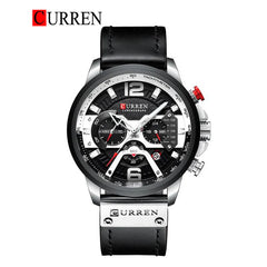 Men's Curren 8329 leather strap watch with black dial and silver case, featuring classic design and analog display.