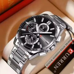 Silver and black Curren 8475 men's chronograph watch with a detailed dial and stainless steel strap.