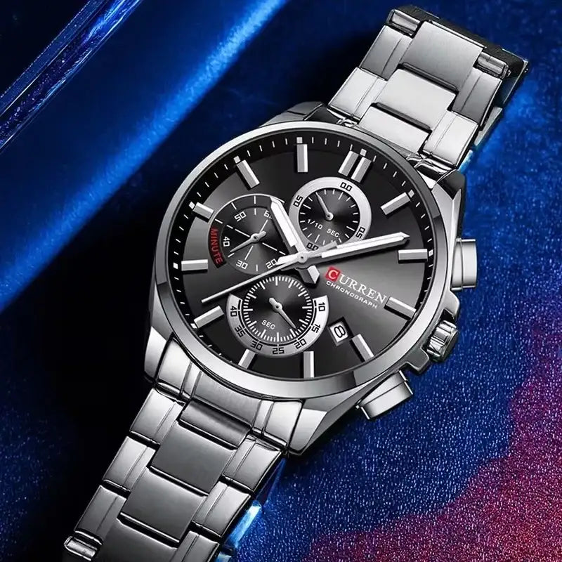 Silver and black Curren 8475 men's chronograph watch with detailed dial and sturdy strap, showcasing modern men's wristwear.