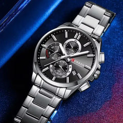 Silver and black Curren 8475 men's chronograph watch with detailed dial and sturdy strap, showcasing modern men's wristwear.