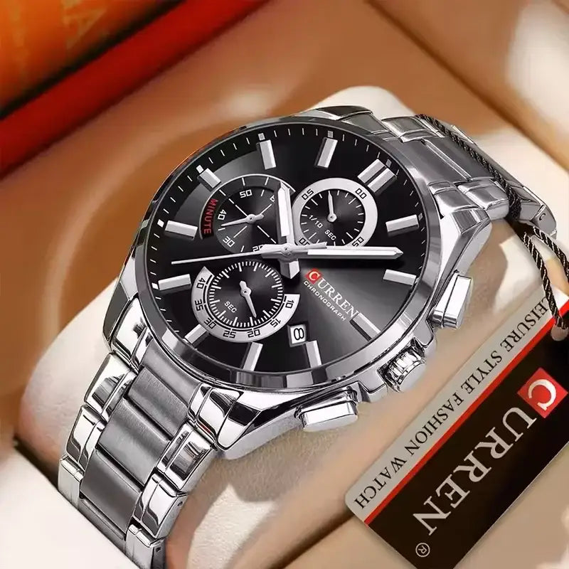 Silver and black Curren 8475 men's chronograph watch with a sleek design and detailed dial on a stainless steel band.