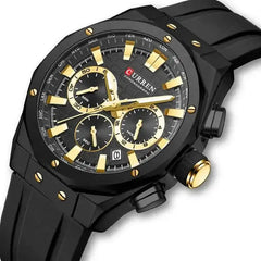 Curren 8464 men's fashion sports quartz watch with multi-functional display and waterproof design, featuring a sleek black dial and band.