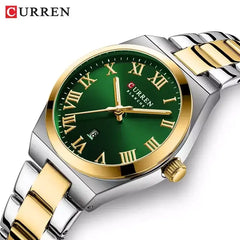 Women’s green stainless steel watch by Curren, model 9095, featuring a sleek design and a green dial with silver accents.
