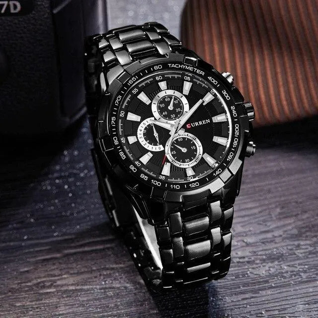 Curren 8023 men's quartz watch with waterproof classic design, featuring a round dial and black leather strap.