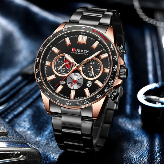 Curren 8418 men's chronograph watch with black dial, stainless steel band, and multiple subdials for precise timekeeping.