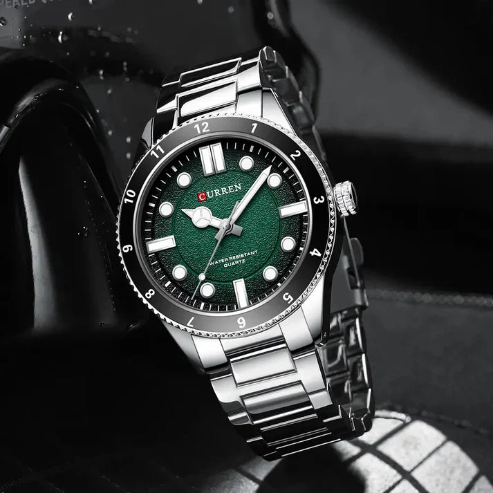 Curren 8450 men's stainless steel watch with black dial, silver-tone case, and stainless steel strap showing time and design details.