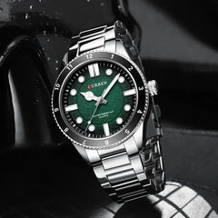 Curren 8450 men's stainless steel watch with black dial, silver-tone case, and stainless steel strap showing time and design details.