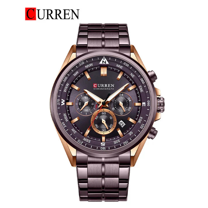 Close-up of the Curren 8399 men's stainless steel watch showcasing its sleek design and silver-tone dial.