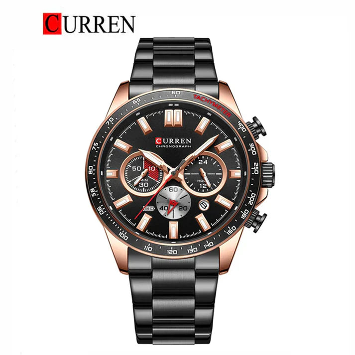 Curren 8418 men's chronograph watch with black dial, silver case, and leather strap, showing time and chronograph features.