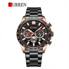 Curren 8418 men's chronograph watch with black dial, silver case, and leather strap, showing time and chronograph features.