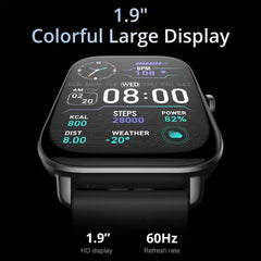 Colmi P28 Plus women's smartwatch with a sleek black strap and digital display, showing fitness and notification icons.