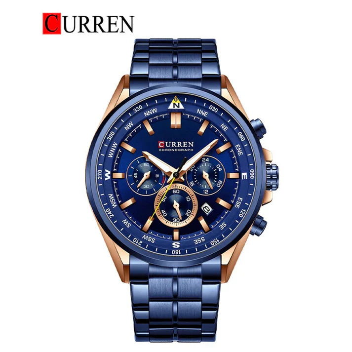 Men's stainless steel watch by Curren, model 8399, featuring a sleek design and analog display in a close-up shot.