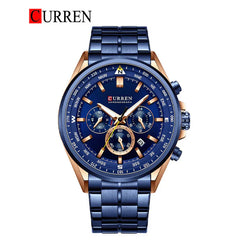 Men's stainless steel watch by Curren, model 8399, featuring a sleek design and analog display in a close-up shot.