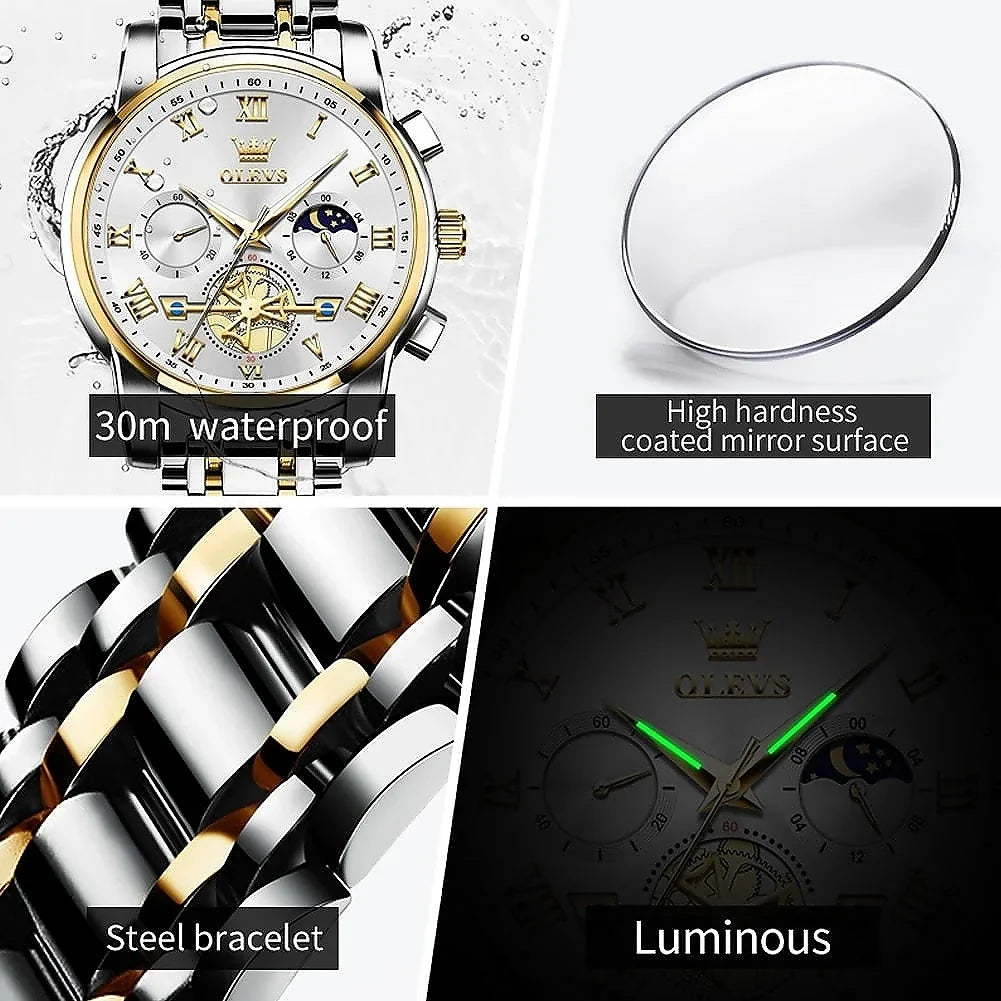 OLEVS men's luxury business chronograph watch, model 2859, with black dial, silver case, and stainless steel band.