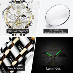 OLEVS men's luxury business chronograph watch, model 2859, with black dial, silver case, and stainless steel band.
