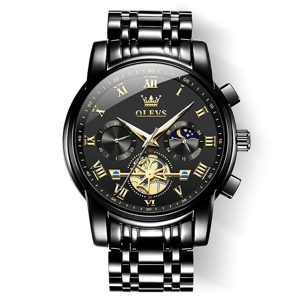 OLEVS men's luxury black chronograph watch with silver accents, featuring a round dial and multiple subdials for precise timekeeping.