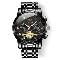 OLEVS men's luxury black chronograph watch with silver accents, featuring a round dial and multiple subdials for precise timekeeping.