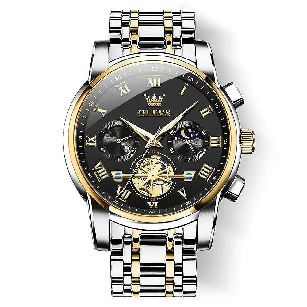 OLEVS men's luxury gold and black chronograph watch with a sleek business design, featuring a detailed dial and stylish strap.