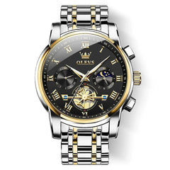OLEVS men's luxury gold and black chronograph watch with a sleek business design, featuring a detailed dial and stylish strap.