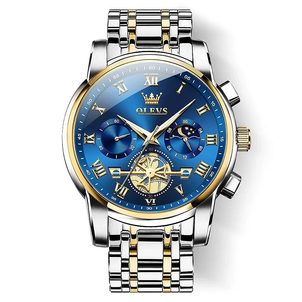 OLEVS Watch 2859 men's luxury business chronograph with gold and blue dial, stainless steel band and detailed chronograph features.