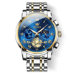 OLEVS Watch 2859 men's luxury business chronograph with gold and blue dial, stainless steel band and detailed chronograph features.